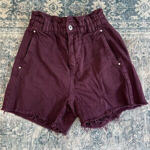 Zara burgundy plum pull pn high waisted paper bag waist shorts cut off shorts